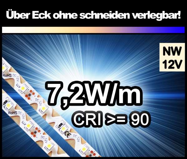 1m Zig-Zag 3528 LED Strip CRI>90 mit 580 lm/m bei 7,2W/m neutralweiß 4000-4500K, 12V Strips Flexband Zick-Zack