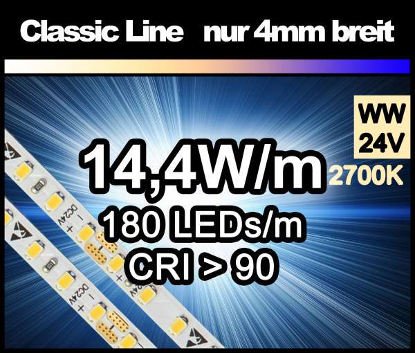 5m LED-Strip SMD 2016 CL nur 4mm breit, 180 LEDs/m, 1050 lm/m bei 14,4W/m 24V warmweiß (2700K) CRI>90, LED Streifen