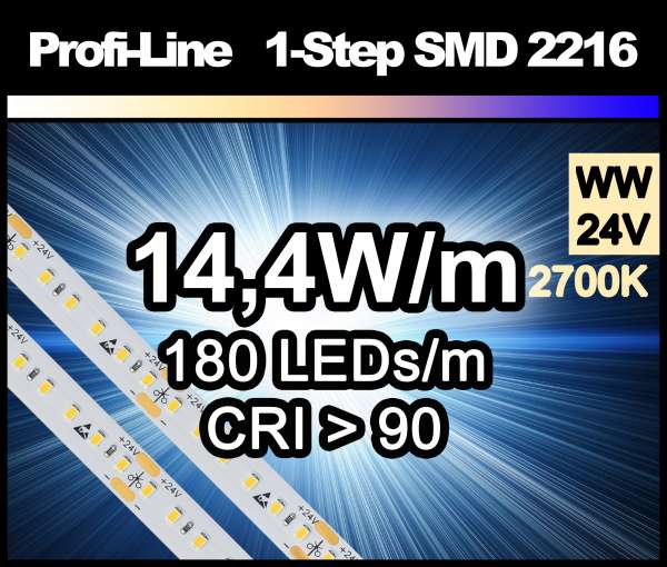 1m LED-Strip SMD 2216 PL 180 LEDs/m, 1050 lm/m bei 14,4W/m 24V warmweiß (2700K/1-Step) CRI>90, LED Streifen