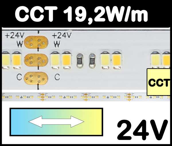 1m CCT Strip SMD 2216-1Step 19,2W/m 24V LED Streifen regelbar von kaltweiß bis warmweiß 2700-6000K, CRI>90