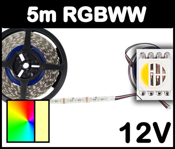 5m Rolle RGBWW 5050 ALL-in-one LED Strip 12V mehrfarbig und warmweiß 19,2W/m Strips Flexband