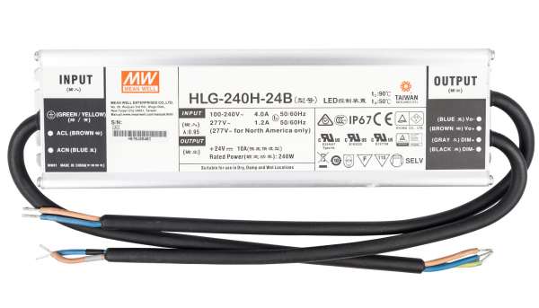 Mean Well HLG-240H-24B, dimmbares Netzteil 230V auf DC 24V/240W speziell für LED-Beleuchtung, Trafo für Strips