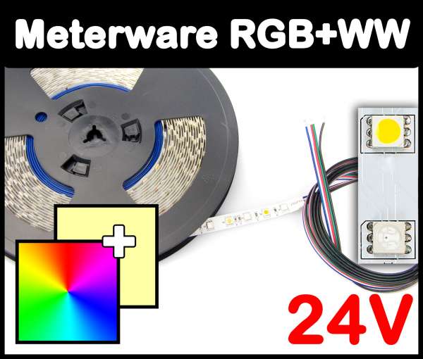 1m RGB+WW 5050 LED Strip 24V mehrfarbig + warmweiß 14,4W/m Strips Flexband Leiste, Meterware!