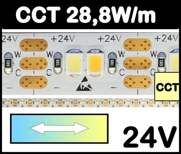 1m CCT Strip 28,8W/m 24V LED Strips regelbar von kaltweiß bis warmweiß SMD 2835 Strip 2700-6500K, CRI>95