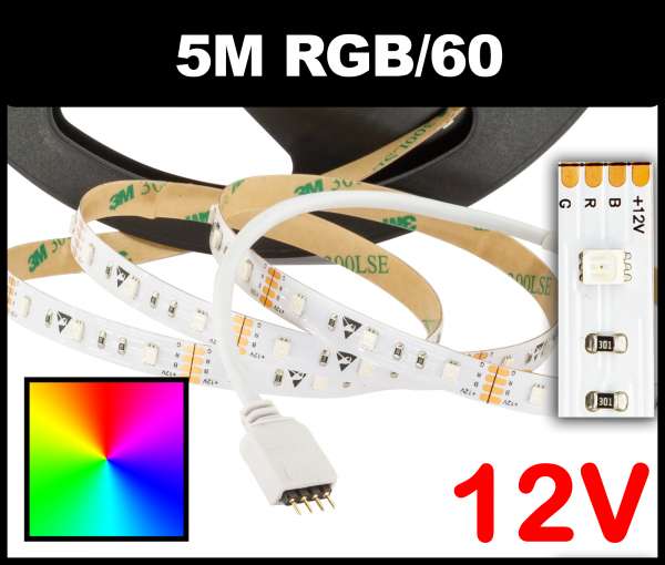 5m RGB LED-Strip SMD 2835 PL nur 8mm breit, 60 LEDs/m, 8,5W/m, 12V mehrfarbiger LED Streifen mit 4-pol. Stecker