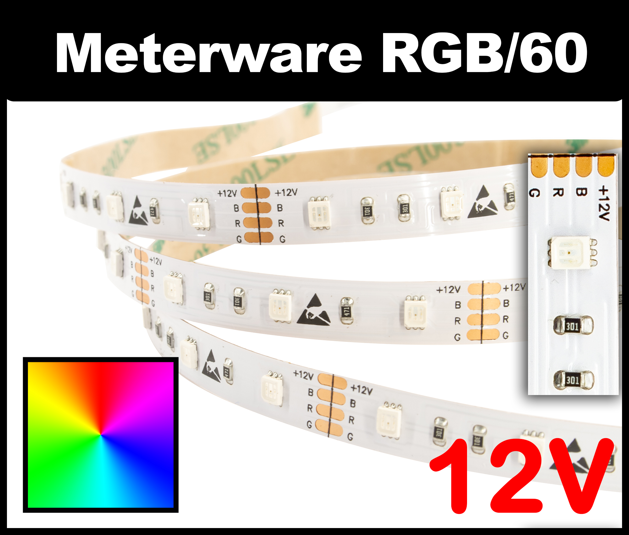 1m RGB LED-Strip SMD 2835 PL nur 8mm breit, 60 LEDs/m, 8,5W/m, 12V  mehrfarbiger LED Streifen, Meterware!, 12V RGB-LED-Strips, RGB LED-Strips, LED-STRIPS