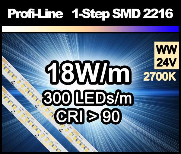 1m LED-Strip SMD 2216 PL 300 LEDs/m, 1280 lm/m bei 18W/m 24V warmweiß (2700K/1-Step) CRI>90, LED Streifen