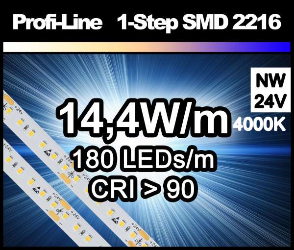 1m LED-Strip SMD 2216 PL 180 LEDs/m, 1150 lm/m bei 14,4W/m 24V neutralweiß (4000K/1-Step) CRI>90, LED Streifen