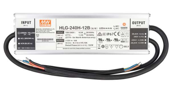 Mean Well HLG-240H-12B, dimmbares Netzteil 230V auf DC 12V/192W speziell für LED-Beleuchtung, Trafo für Strips