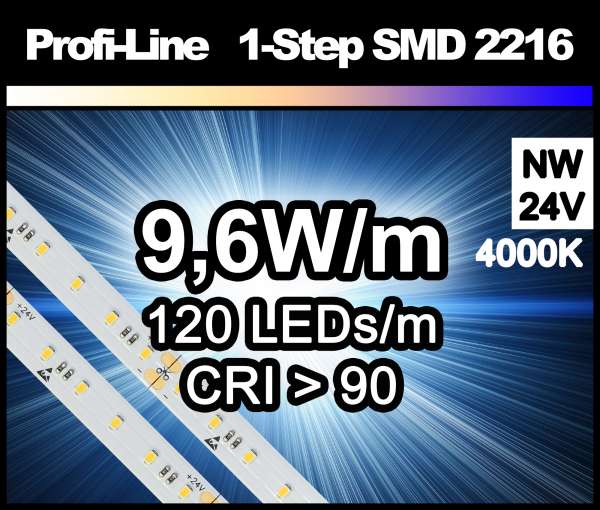 1m LED-Strip SMD 2216 PL 120 LEDs/m, 760 lm/m bei 9,6W/m 24V neutralweiß (4000K/1-Step) CRI>90, LED Streifen