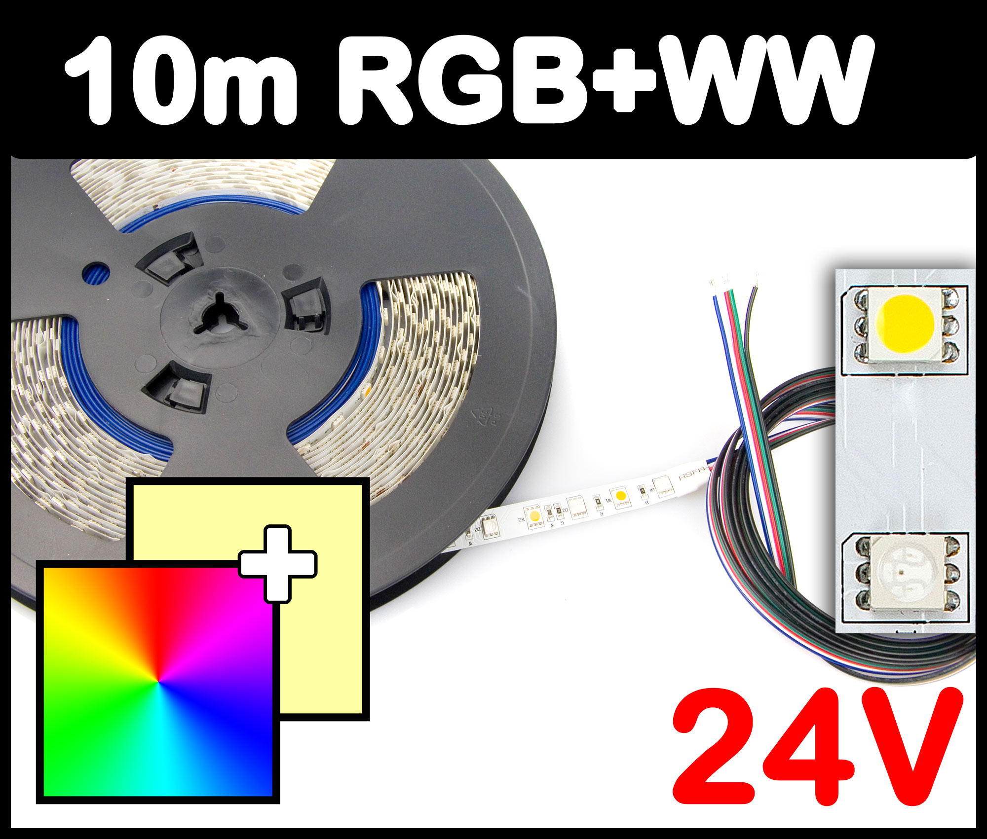 10m Rolle RGB+WW 5050 LED Strip 24V mehrfarbig + warmweiß 14,4W/m