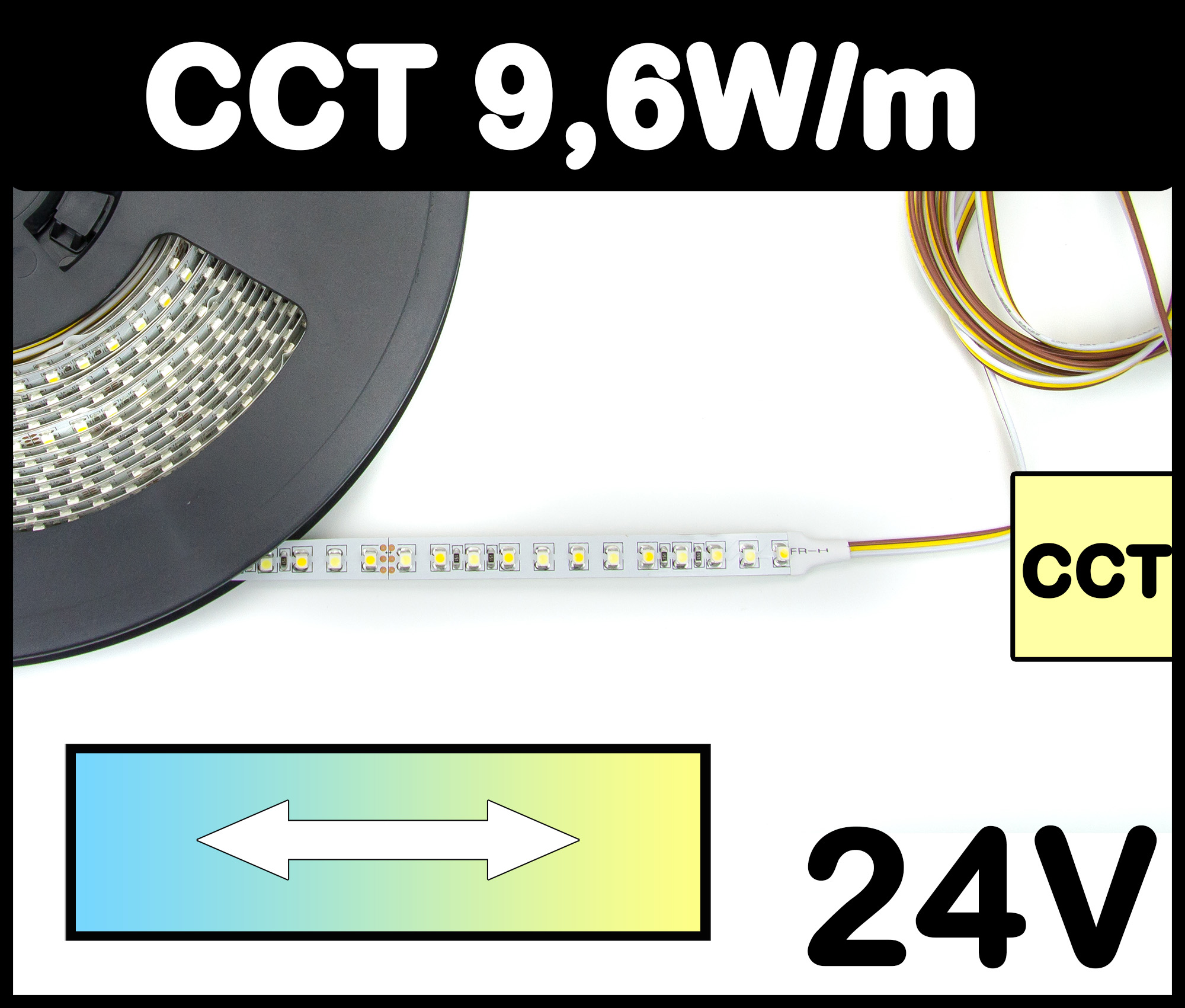 1m CCT Strip 9,6W/m 24V LED Strips regelbar von kalt bis warmweiß