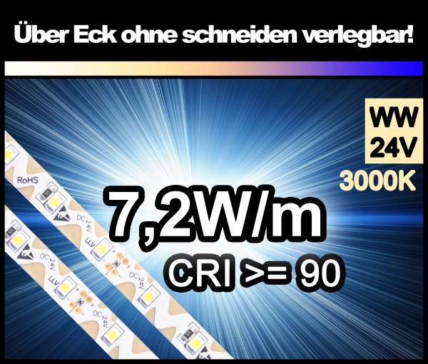 1m Zig-Zag 3528 LED Strip CRI>90 mit 550 lm/m bei 7,2W/m warmweiß 3000K, 24V Strips Flexband