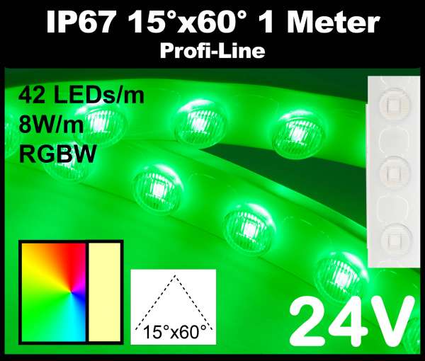 1m Outdoor IP67 RGBW LED-Strip Wallwasher SMD 3535 PL 8W/m 24V RGB+3000K, 42 LEDs/m mit Linsen 15° x 60° Wandfluter