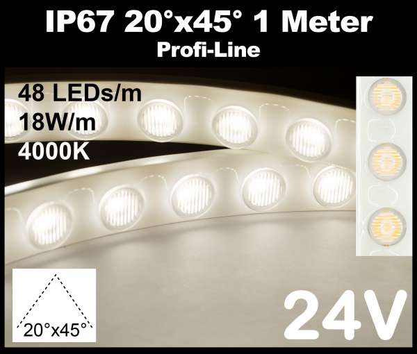 1m Outdoor IP67 LED-Strip Wallwasher SMD 2835 PL 18W/m 24V CRI>90 neutralweiß (4000K) 48 LEDs/m mit Linsen 20° x 45° Wandfluter