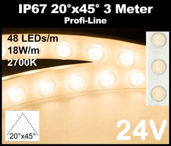 3m Outdoor IP67 LED-Strip Wallwasher SMD 2835 PL 18W/m 24V CRI>90 warmweiß (2700K) 48 LEDs/m mit Linsen 20° x 45° Wandfluter