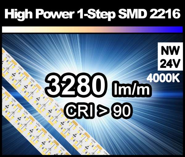 1m LED-Strip HP SMD 2216 PL 480 LEDs/m, 3280 lm/m bei 38,4W/m 24V neutralweiß (4000K/1-Step) CRI>90 LED-Streifen 15mm breit