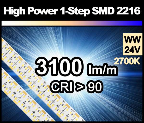 1m LED-Strip HP SMD 2216 PL 480 LEDs/m, 3100 lm/m bei 38,4W/m 24V warmweiß (2700K/1-Step) CRI>90 LED-Streifen 15mm breit