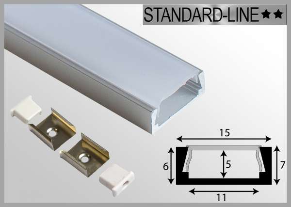 LED Alu-Profil SET: 1m Aluprofil / LED-Profil Aufbau 15,2 x 6mm inkl. Abdeckung Frost, Endkappen und Montageclips