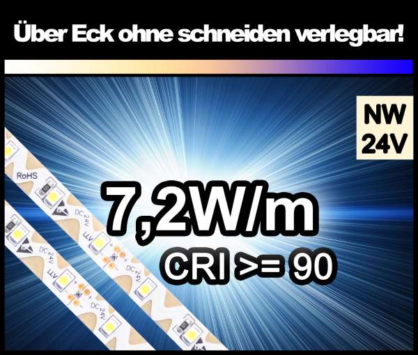 1m Zig-Zag 3528 LED Strip CRI>90 mit 580 lm/m bei 7,2W/m neutralweiß 4000-4500K, 24V Strips Flexband Zick-Zack