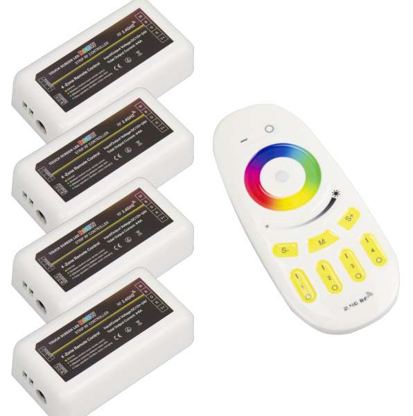 Komplettset: RGB+WW 4-Zonen / 4-Kanal Funk-Fernbedienung mit 4 Funk-Empfängern für 12V und 24V RGBW