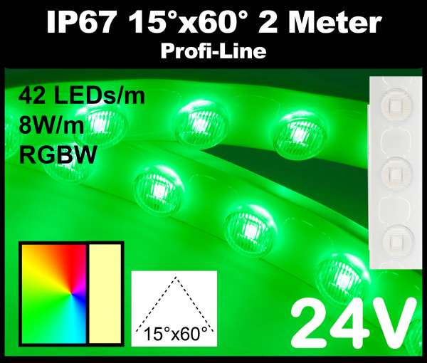 2m Outdoor IP67 RGBW LED-Strip Wallwasher SMD 3535 PL 8W/m 24V RGB+3000K, 42 LEDs/m mit Linsen 15° x 60° Wandfluter