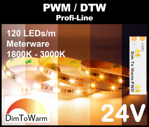 1m DTW LED Strip SMD 2216 PL, 950 lm/m bei 10W/m, 24V LED Streifen, 1800K - 3000K Dim-to-warm, CRI>90