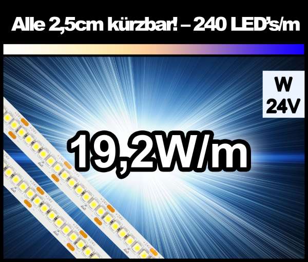 1m Superhell mit 240 LED's/m und 1650 lm/m bei 19,2W/m 24V LED Strips weiß SMD 3528 Strip HP