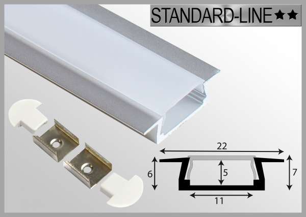 LED Alu-Profil SET: 1m Aluprofil Einbau 22 x 7mm inkl. Abdeckung Frost, Endkappen und Halterungen