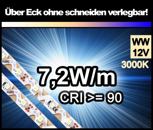 1m Zig-Zag 3528 LED Strip CRI>90 mit 550 lm/m bei 7,2W/m warmweiß 3000K, 12V Strips Flexband Zick-Zack